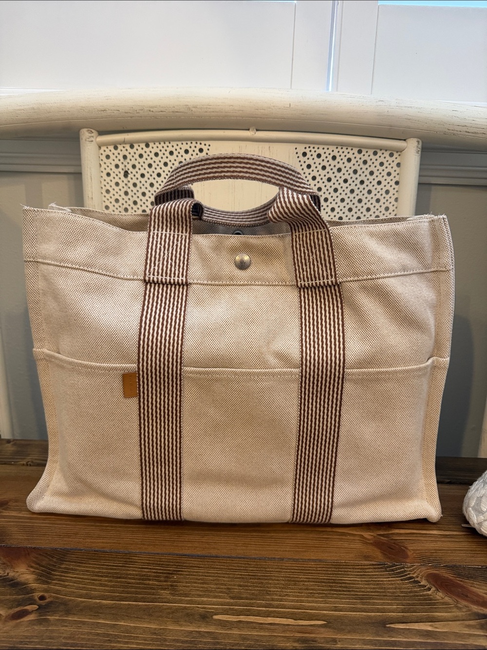 Hermes Beige Canvas Tote with Brown Striped Handles